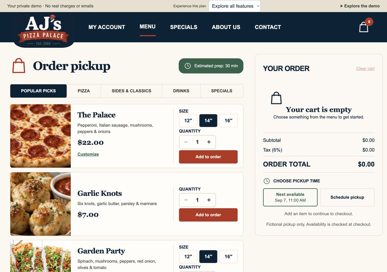 Fictional online pickup ordering screen with menu items, cart, and pickup times.