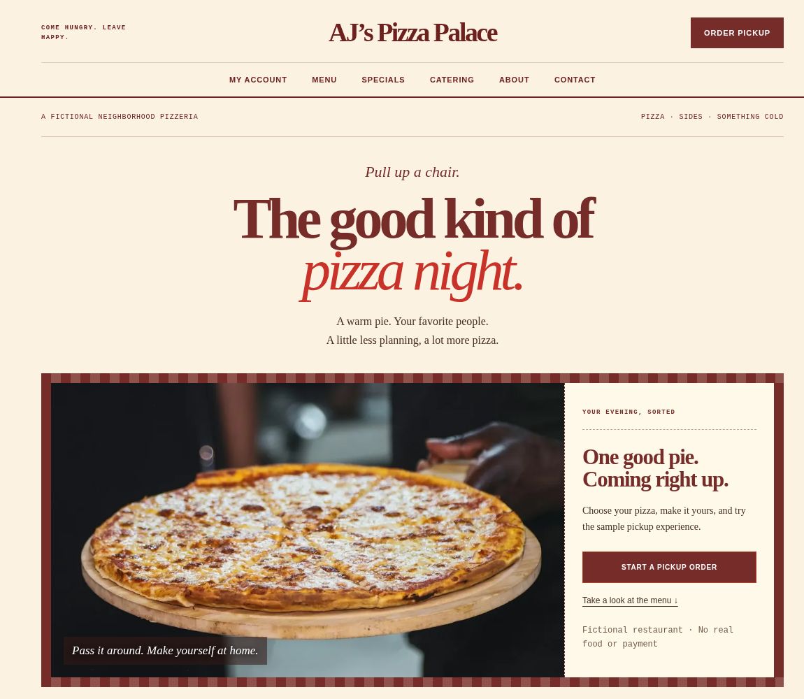 Current AJ’s Pizza Palace restaurant demo with its wine-red and cream menu design