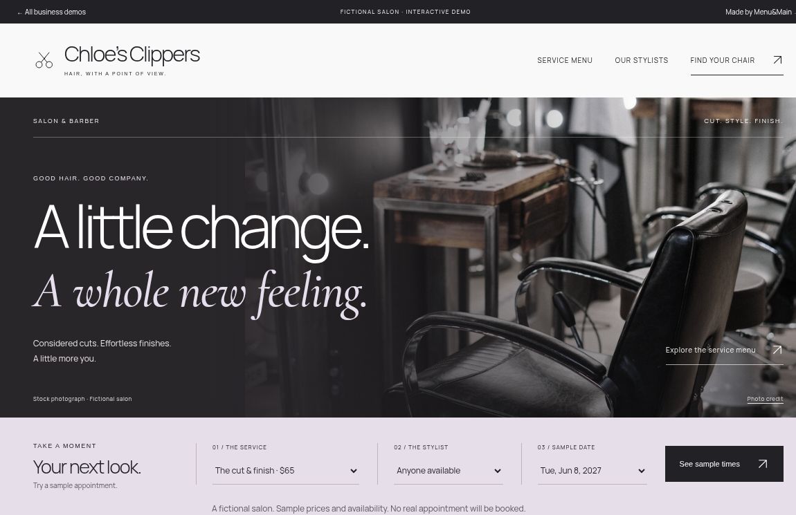 The fictional Chloe’s Clippers website demo with its salon photography and service navigation