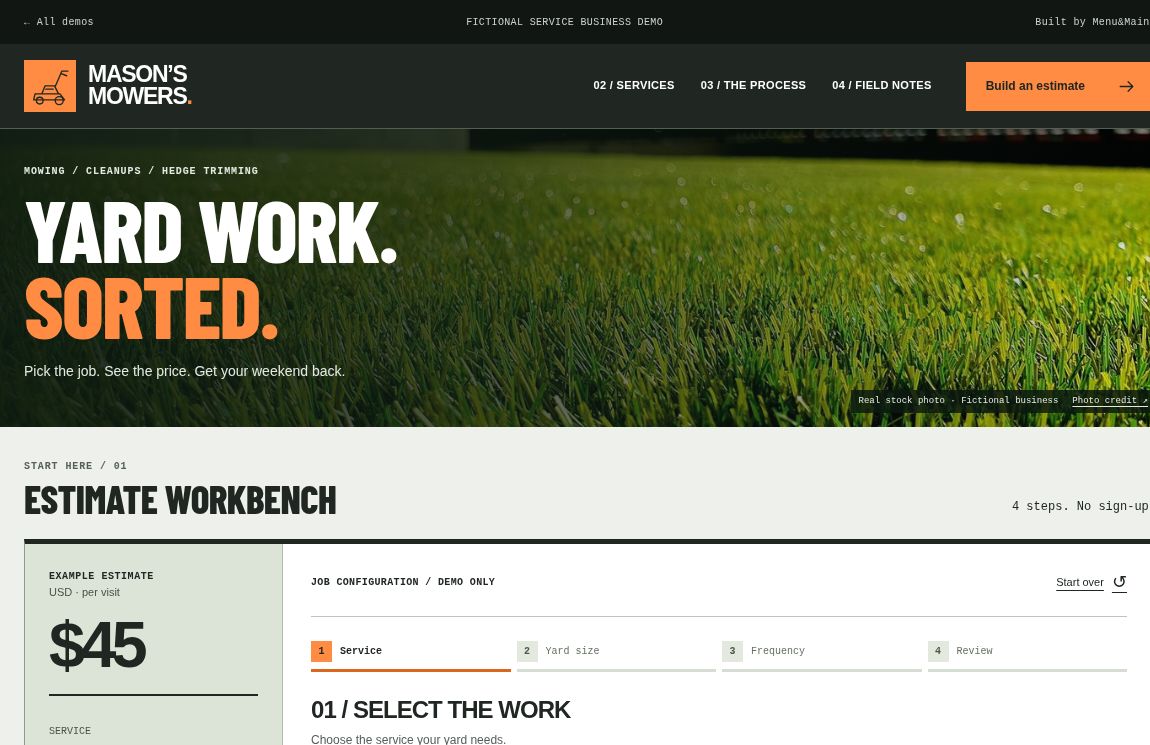Mason’s Mowers fictional demo website preview